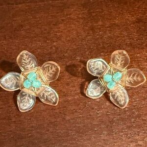 Handmade Floral Gold and Turquoise Tone Earrings